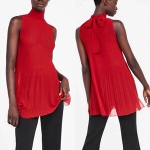 NEW Zara Red Pleated Sleeveless Long Flowy Top Size Medium Mock Neck Swing